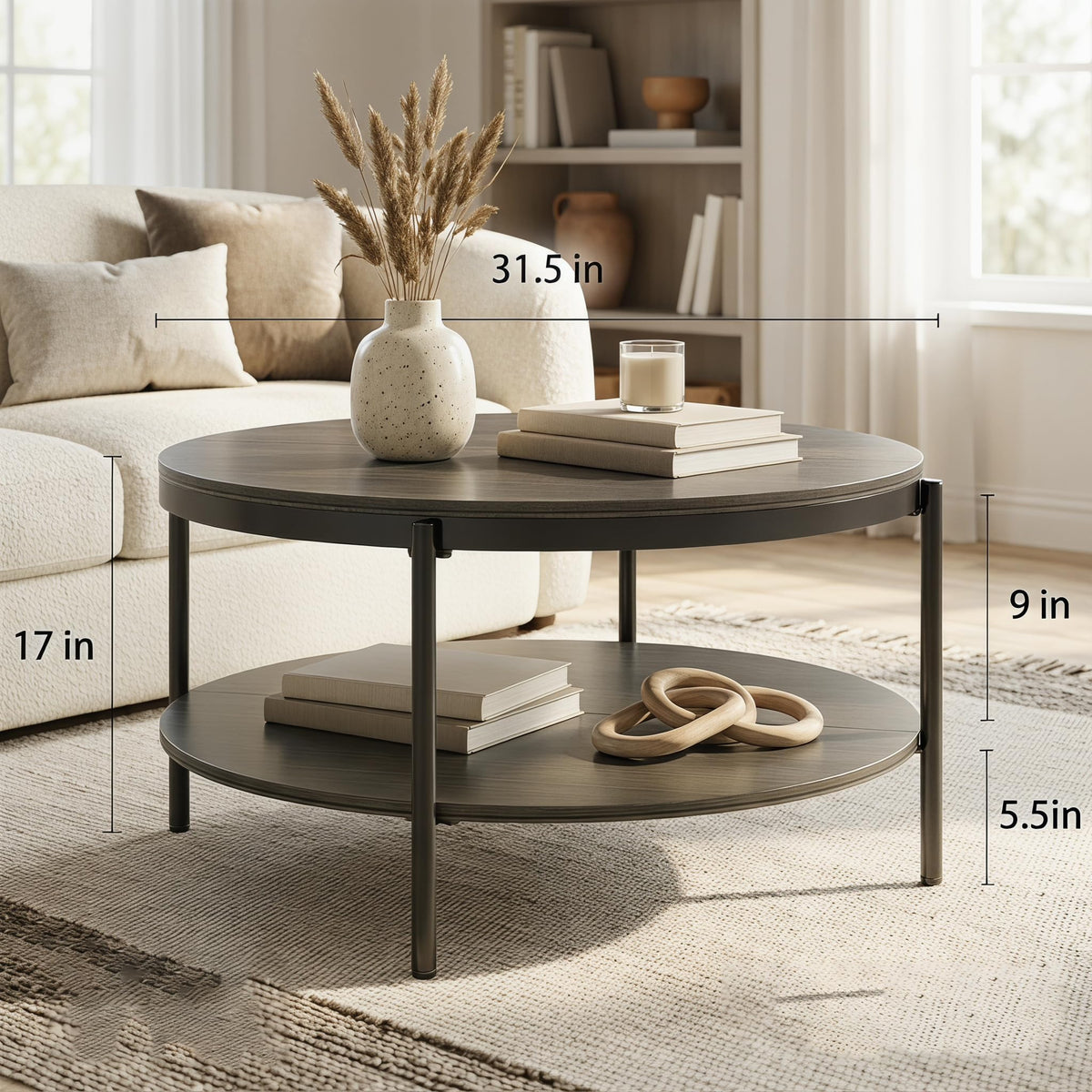 Round Coffee Table with 2-Tier Storage Shelf A137383