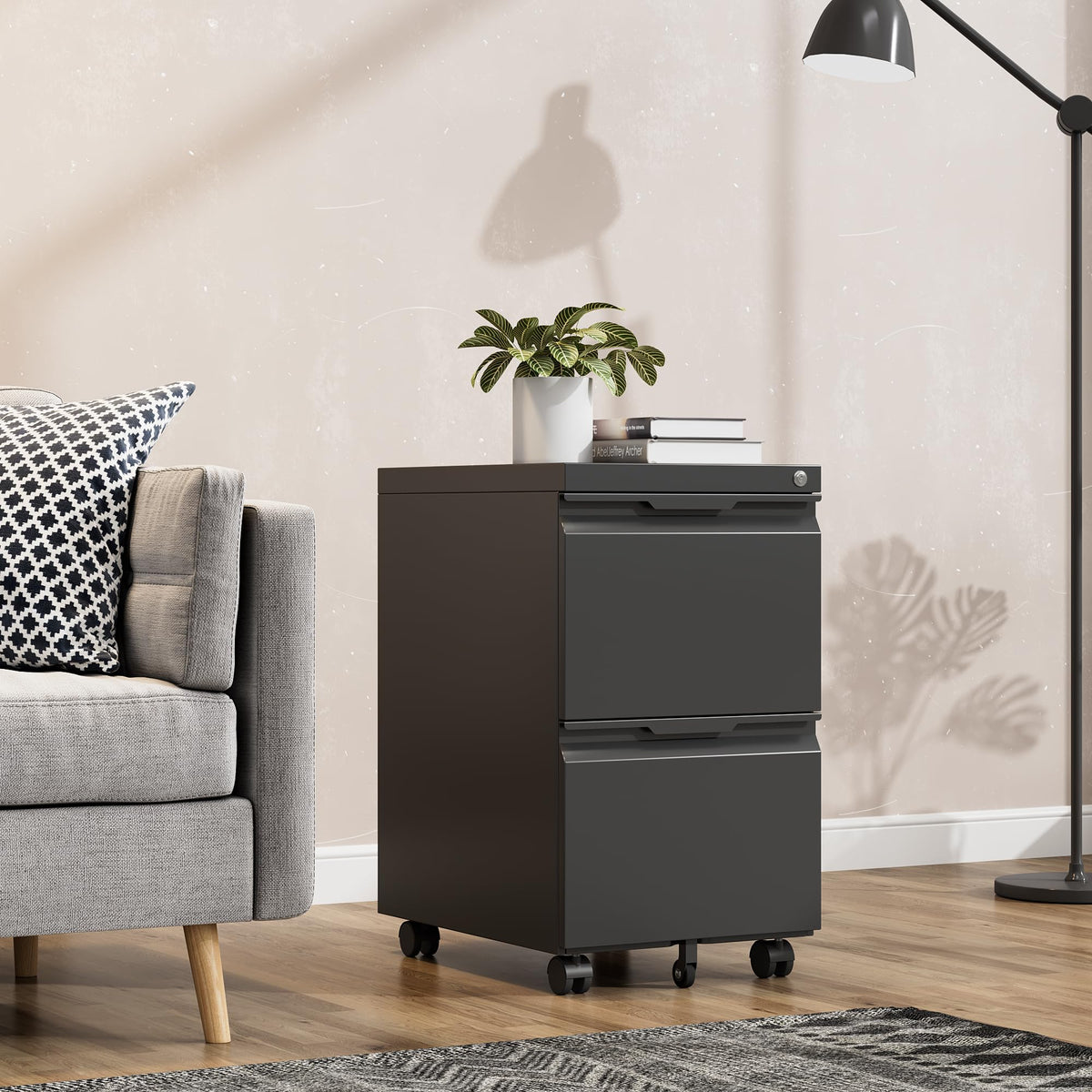 Black 2 Drawer Metal Rolling File Cabinet with Lock D164892