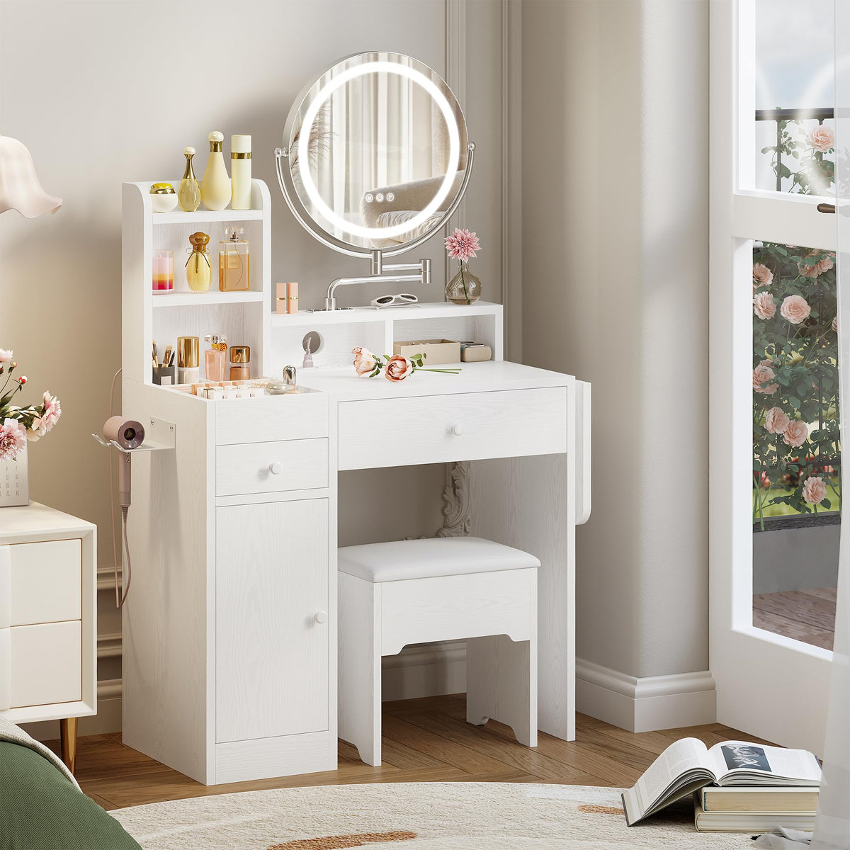 White Vanity Desk with Mirror & Power Outlet C450513