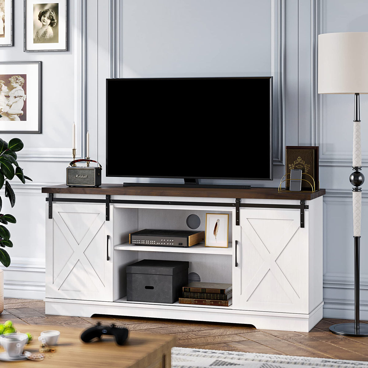 65 Inch TV Stand with Sliding Barn Doors and Storage Cabinet F80729