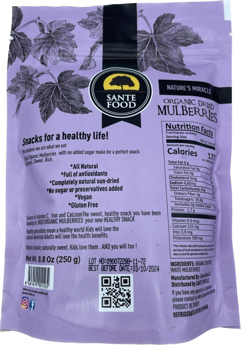 USDA Organic Sun Dried White Mulberries 8.8 Oz P1579
