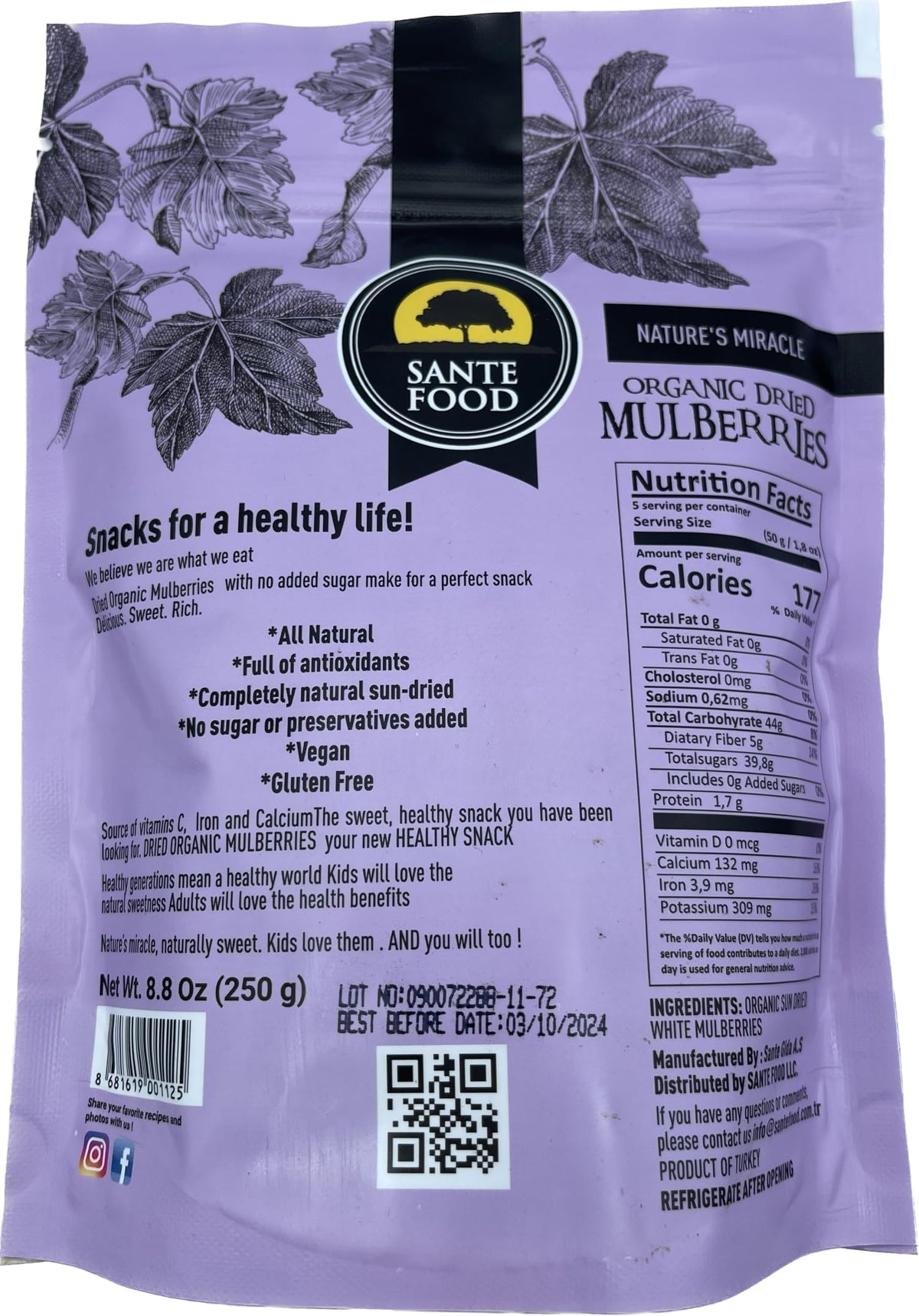 USDA Organic Sun Dried White Mulberries 8.8 Oz P1579