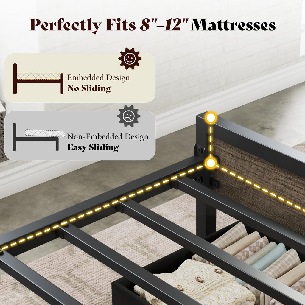 Twin Bed Frame with LED Lights & 2-Tier Storage Headboard R878931