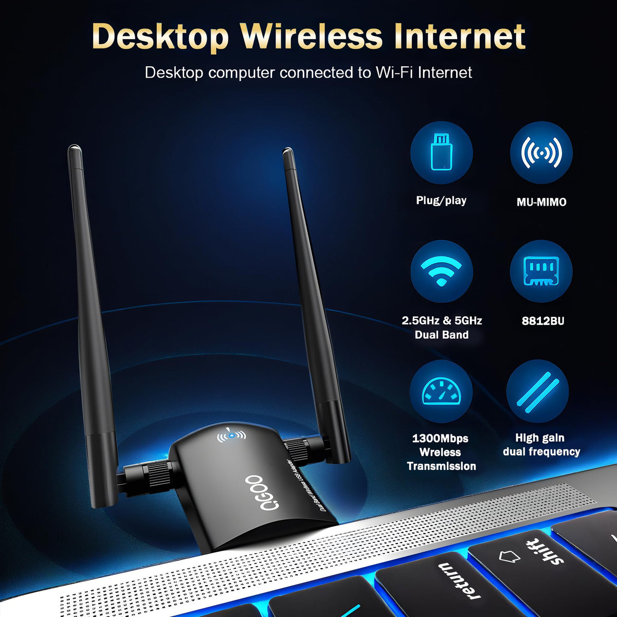 Wireless AC1300Mbps USB 3.0 WiFi Adapter with 5dBi Dual Antennas R431