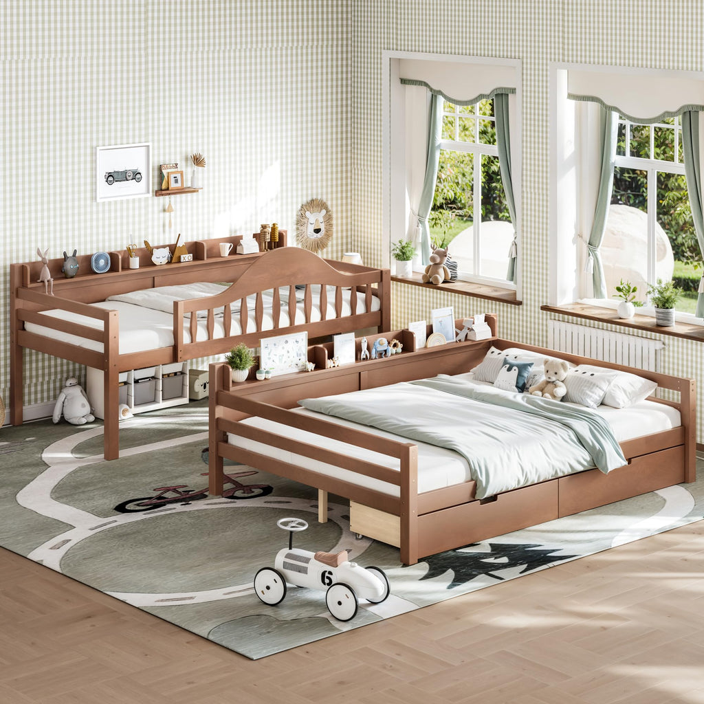 Twin Over Full Size Wooden Bunk Bed with Drawers & Ladder S507