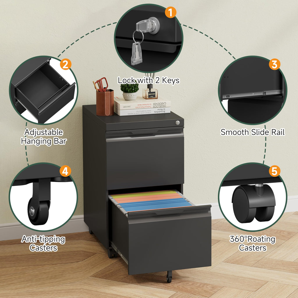 Black 2 Drawer Metal Rolling File Cabinet with Lock D164892