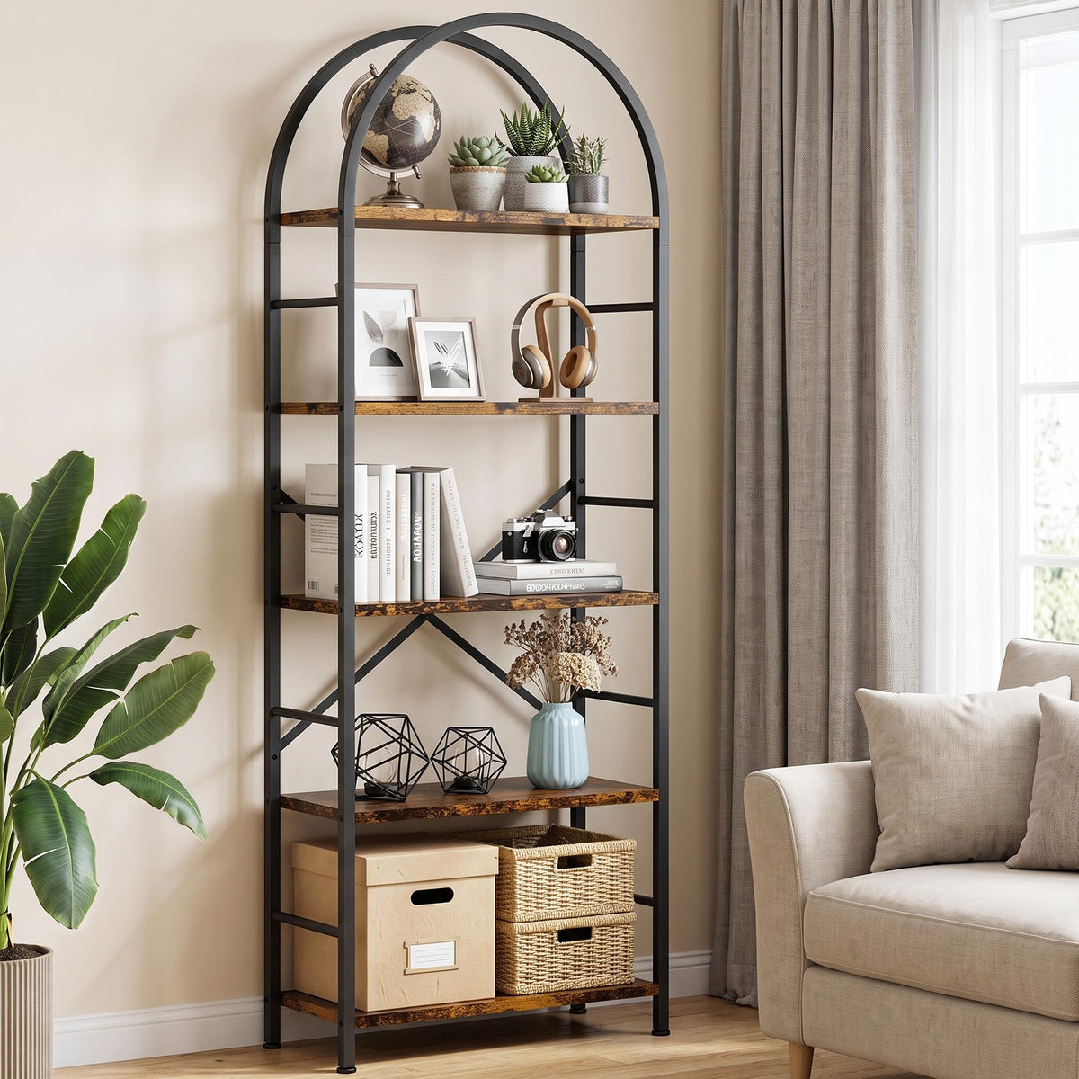 5 Tier Rustic Brown Bookshelf with Metal Frame R71474