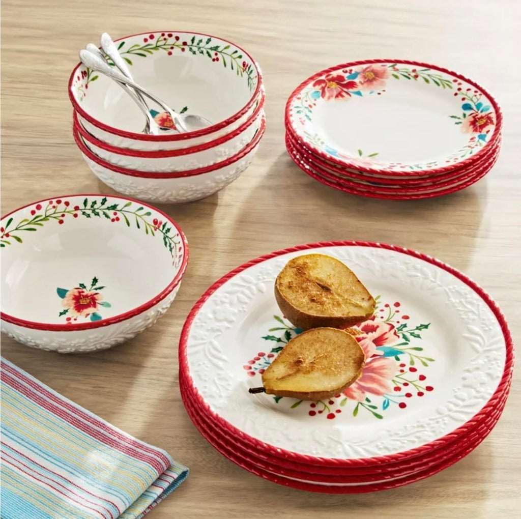 Red 12-Piece Stoneware Dinnerware Set D2909