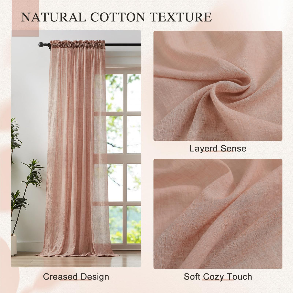 Blush Pink Sheer Cotton Linen Curtains 2 Panels W89608