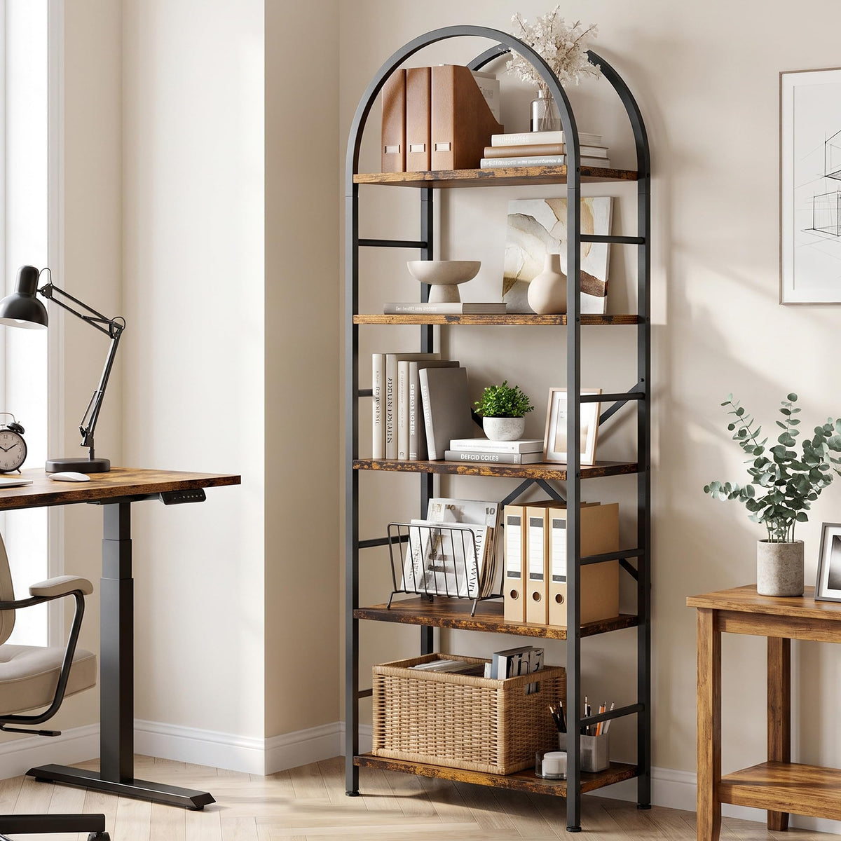5 Tier Rustic Brown Bookshelf with Metal Frame R71474