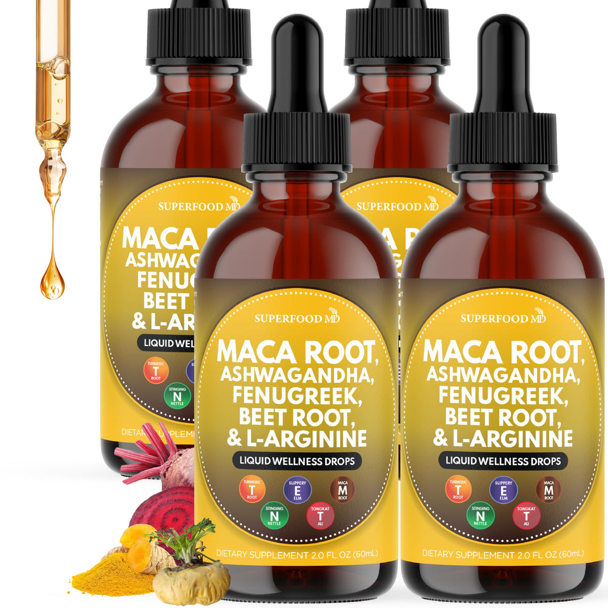 Maca Root Liquid Drops with Ashwagandha, Nettle, Fenugreek, Beet Root and L-Arginine 8 Oz B3055