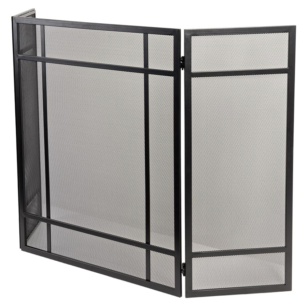 Black 3-Panel Steel Mesh Trifold Fireplace Screen Q559