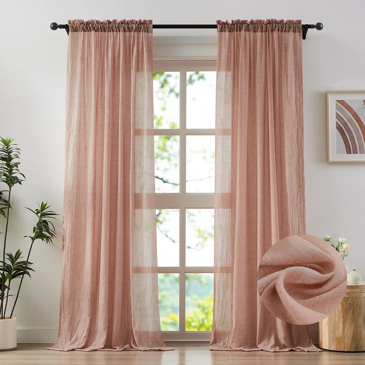 Blush Pink Sheer Cotton Linen Curtains 2 Panels W89608