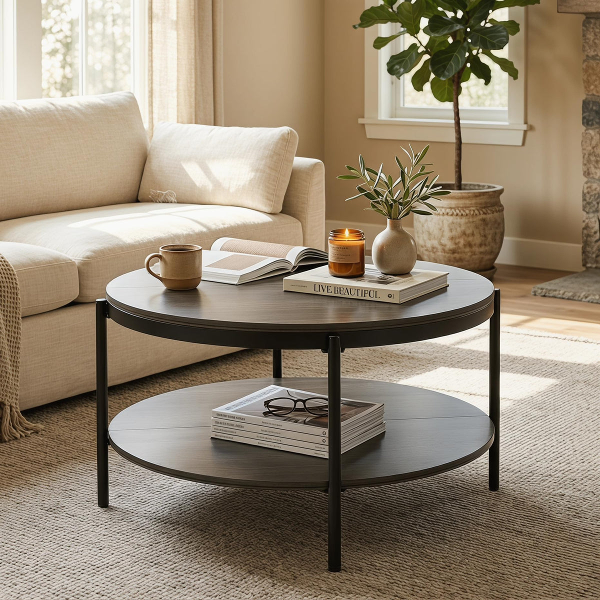 Round Coffee Table with 2-Tier Storage Shelf A137383