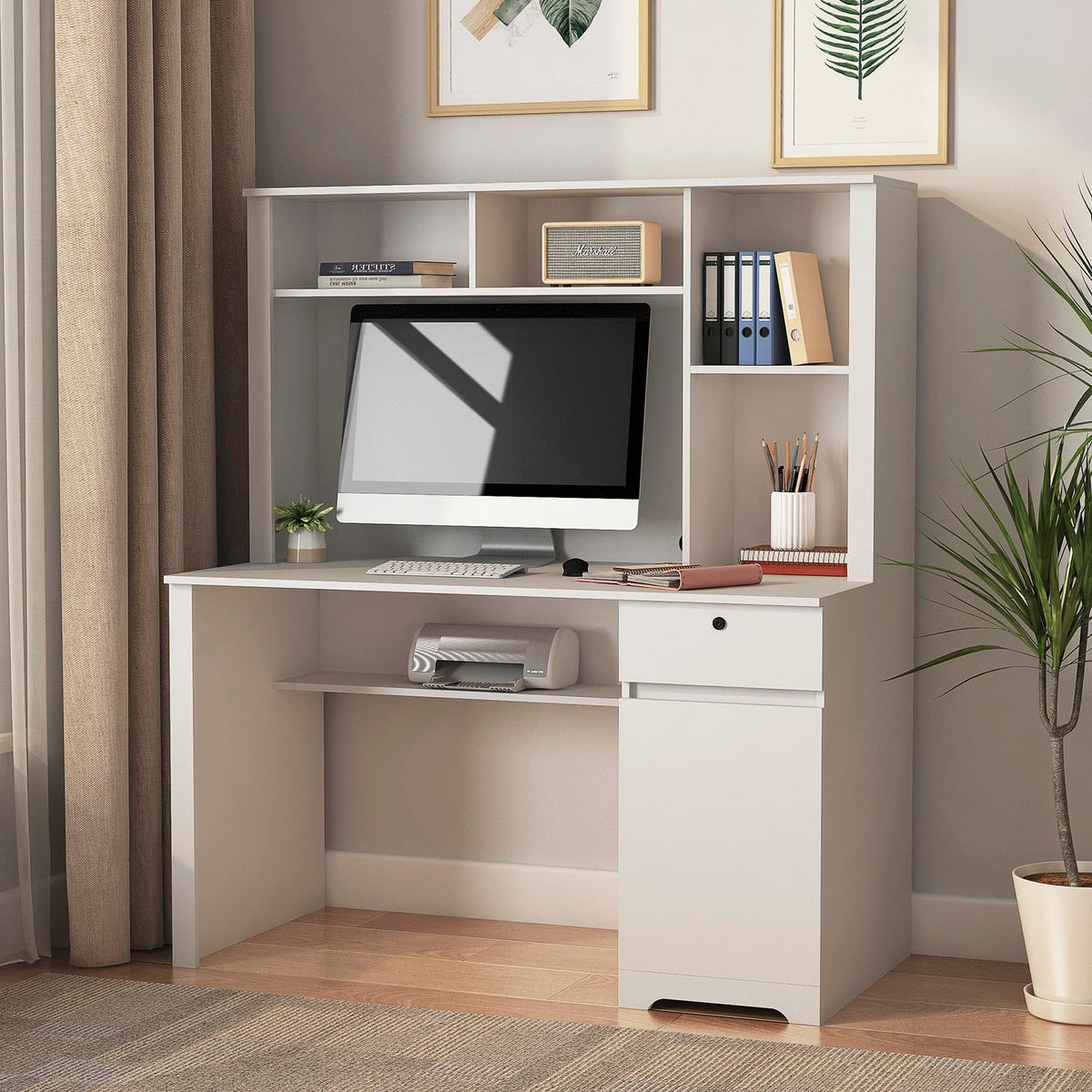 White Desk with Hutch and Drawers K62293
