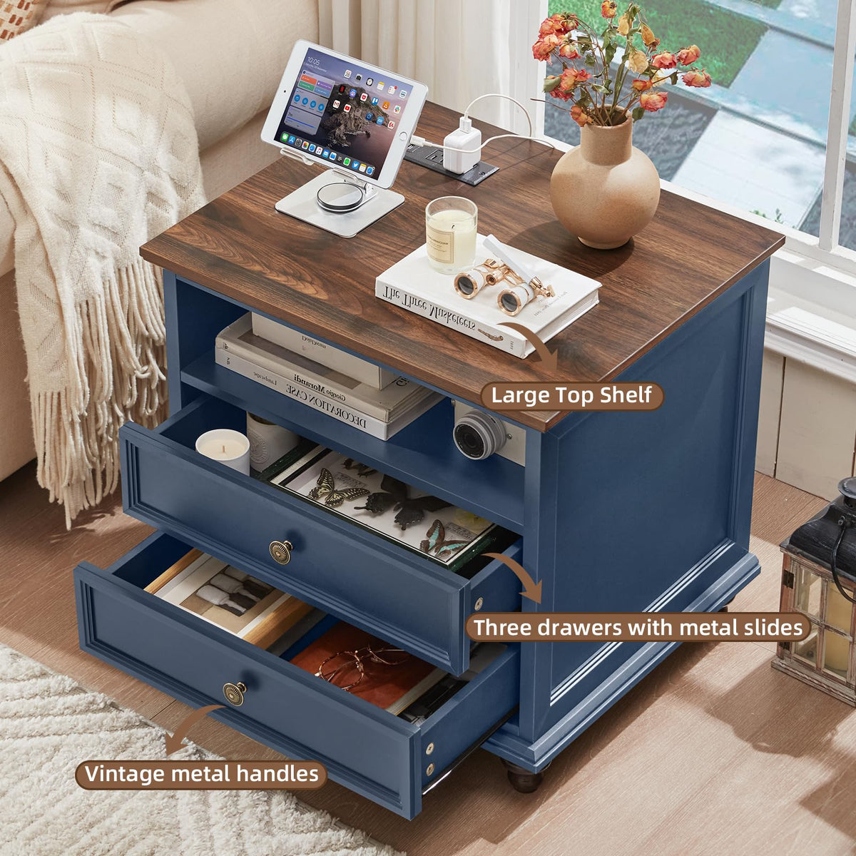 Blue 2 Drawer Nightstand Set of 2 with Charging Station H147