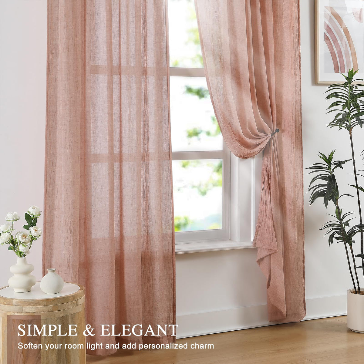 Blush Pink Sheer Cotton Linen Curtains 2 Panels W89608