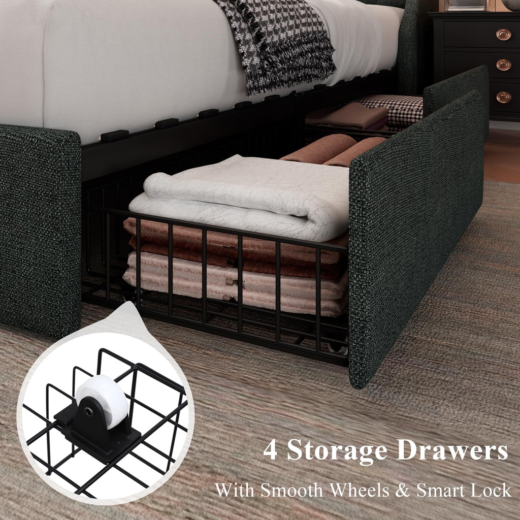 Queen Bed Frame with 4 Storage Drawers Upholstered Dark Grey A7811