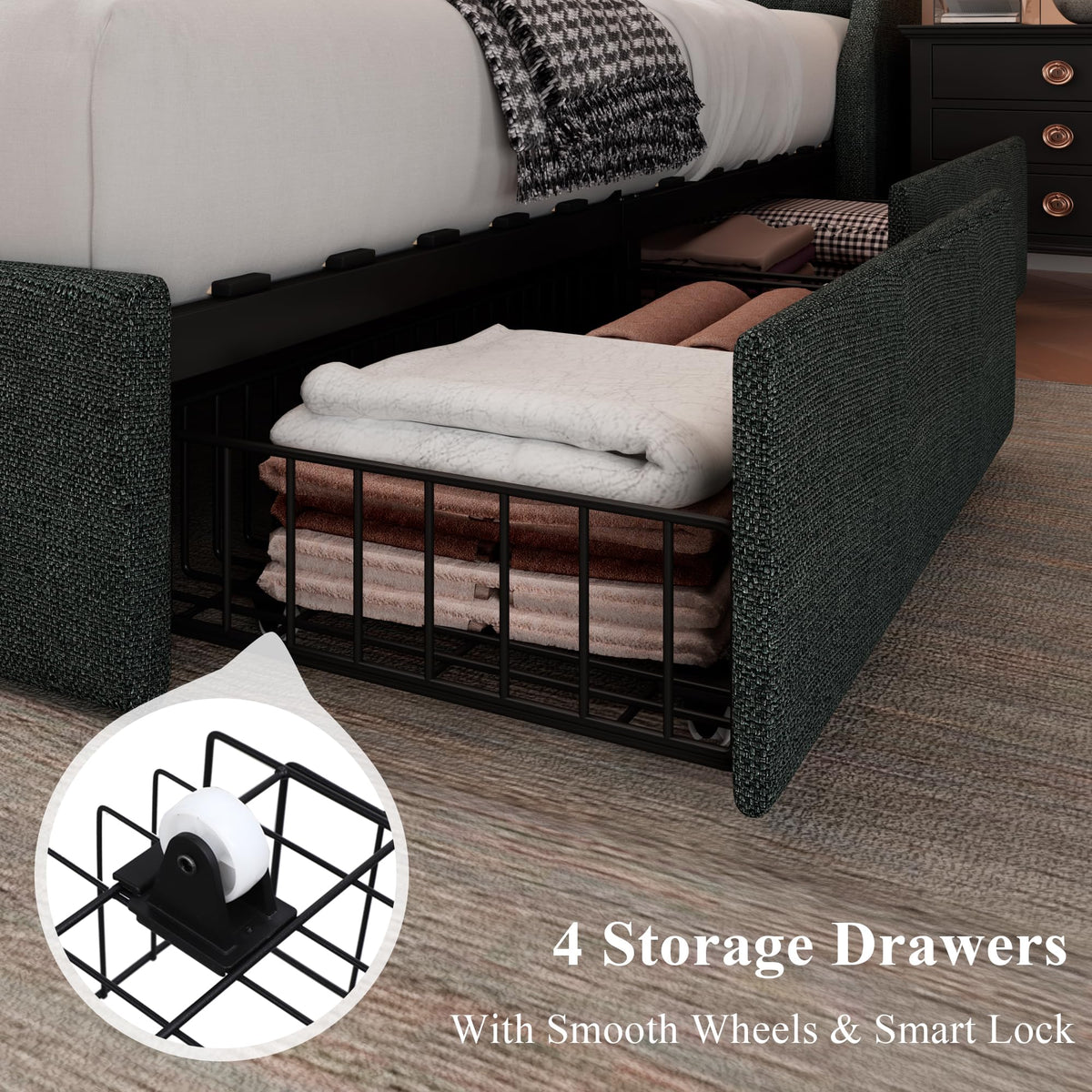 Queen Bed Frame with 4 Storage Drawers Upholstered Dark Grey A7811