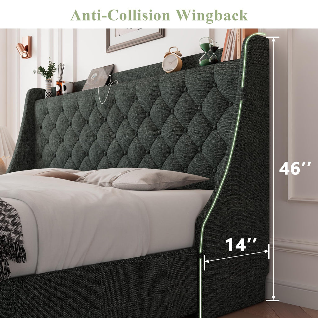 Queen Bed Frame with 4 Storage Drawers Upholstered Dark Grey A7811