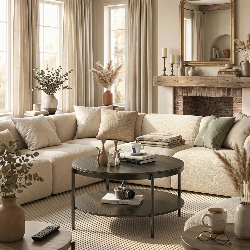 Round Coffee Table with 2-Tier Storage Shelf A137383