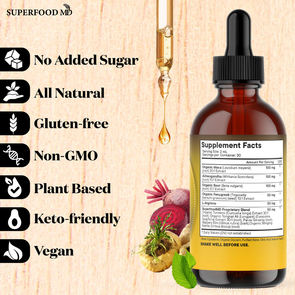 Maca Root Liquid Drops with Ashwagandha, Nettle, Fenugreek, Beet Root and L-Arginine 8 Oz B3055