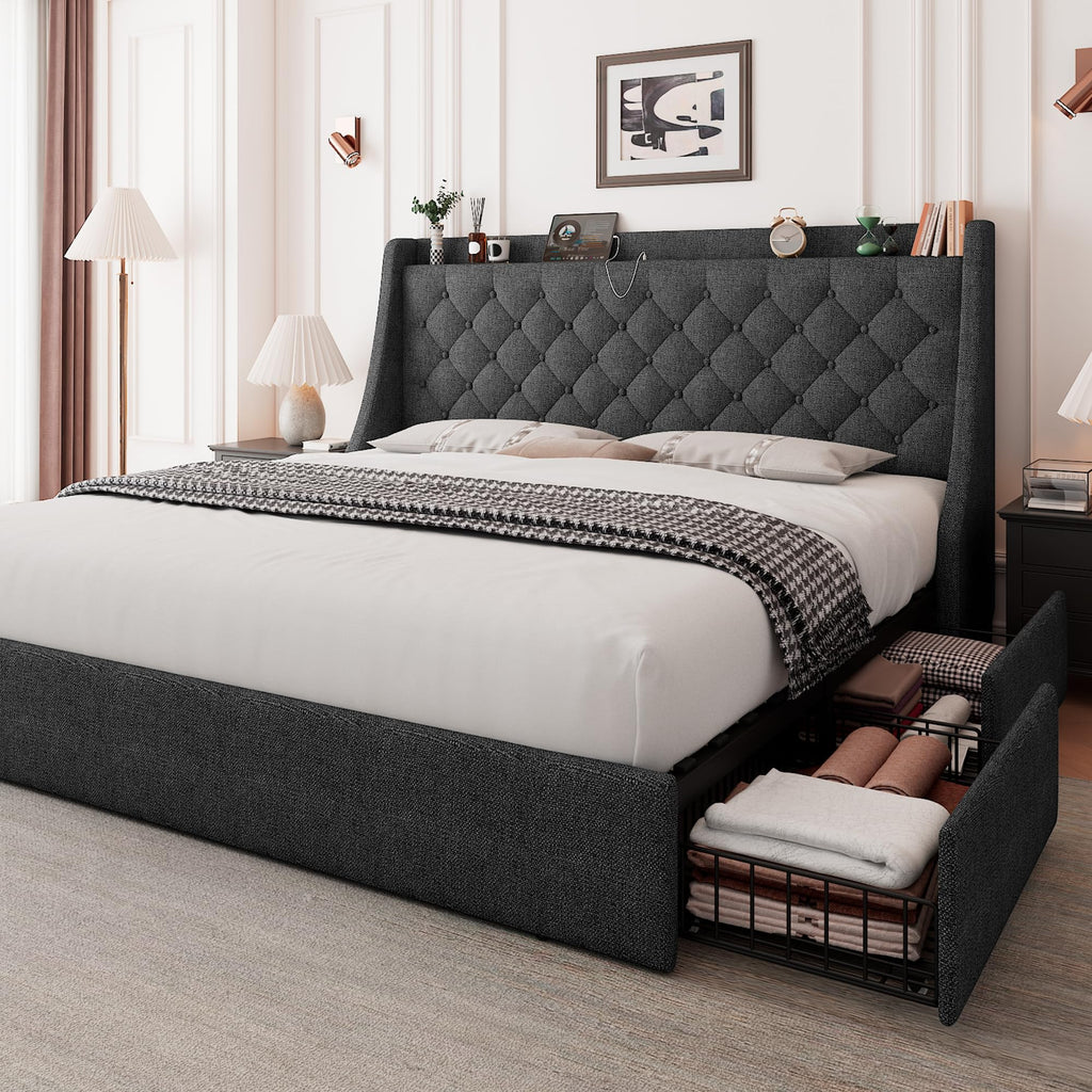 Queen Bed Frame with 4 Storage Drawers Upholstered Dark Grey A7811