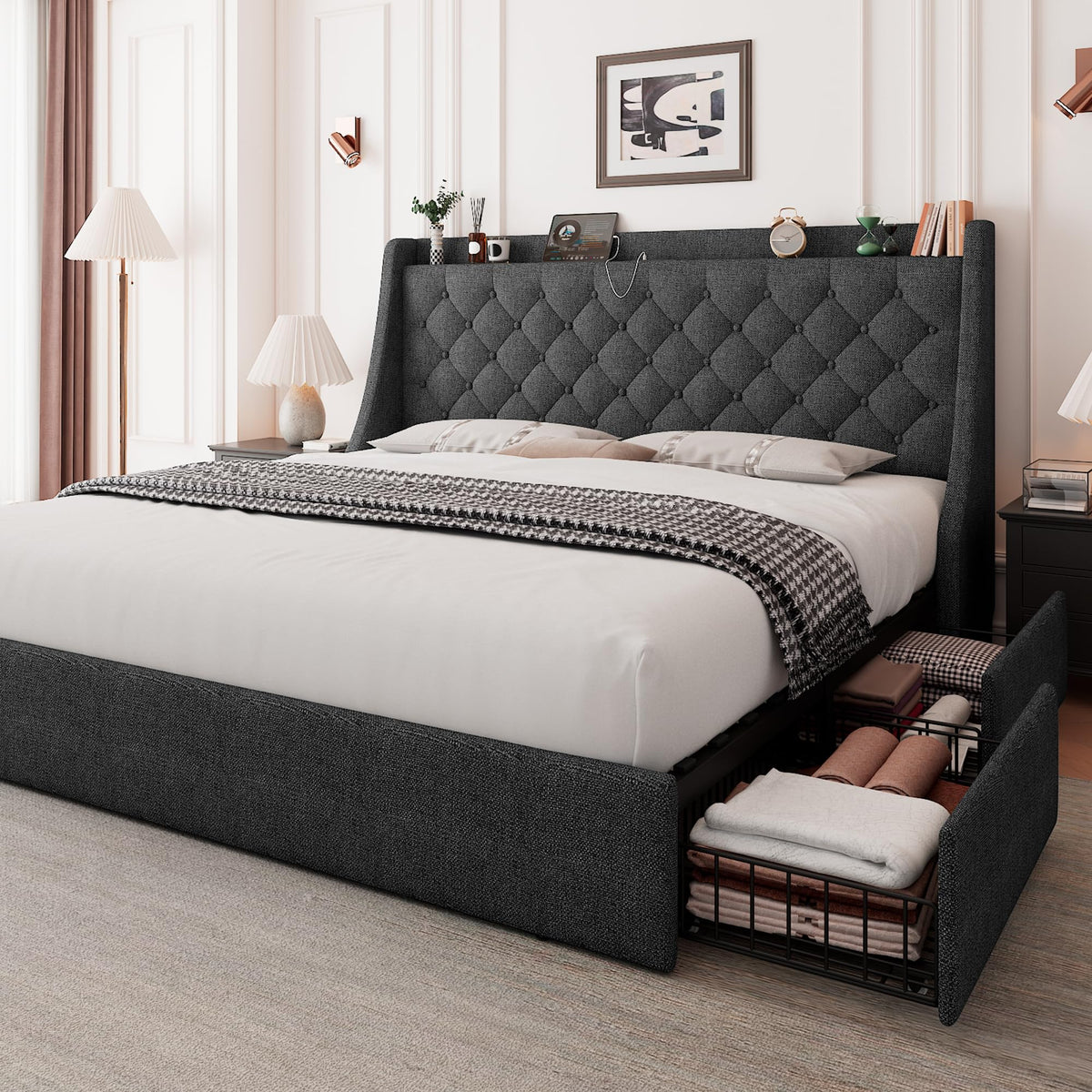 Queen Bed Frame with 4 Storage Drawers Upholstered Dark Grey A7811